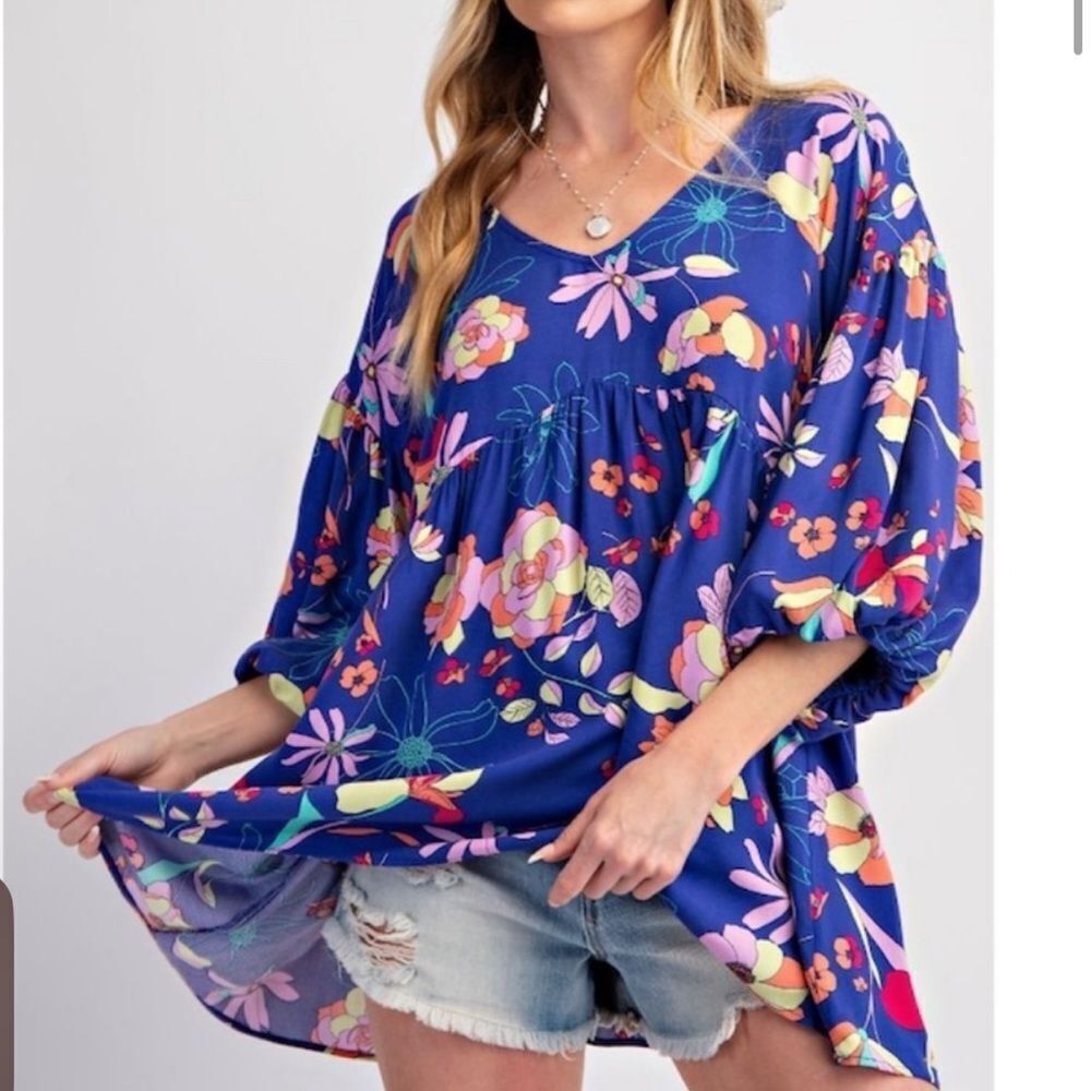 New EASEL FLORAL PRINTED CHALLIS BABYDOLL TUNIC TOP